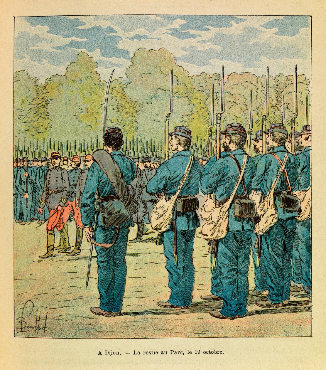 L'Armee de l'Est بواسطة Eugene Sergeant ، dit Grenest ، رسمها لويس بومبلد (1862-1927) (الحرب الفرنسية الألمانية ؛ حملة 1870-1871): في ديجون ، مجلة الحرس الوطني في المتنزه في أكتوبر 19 بواسطة تفجير لويس تشارلز