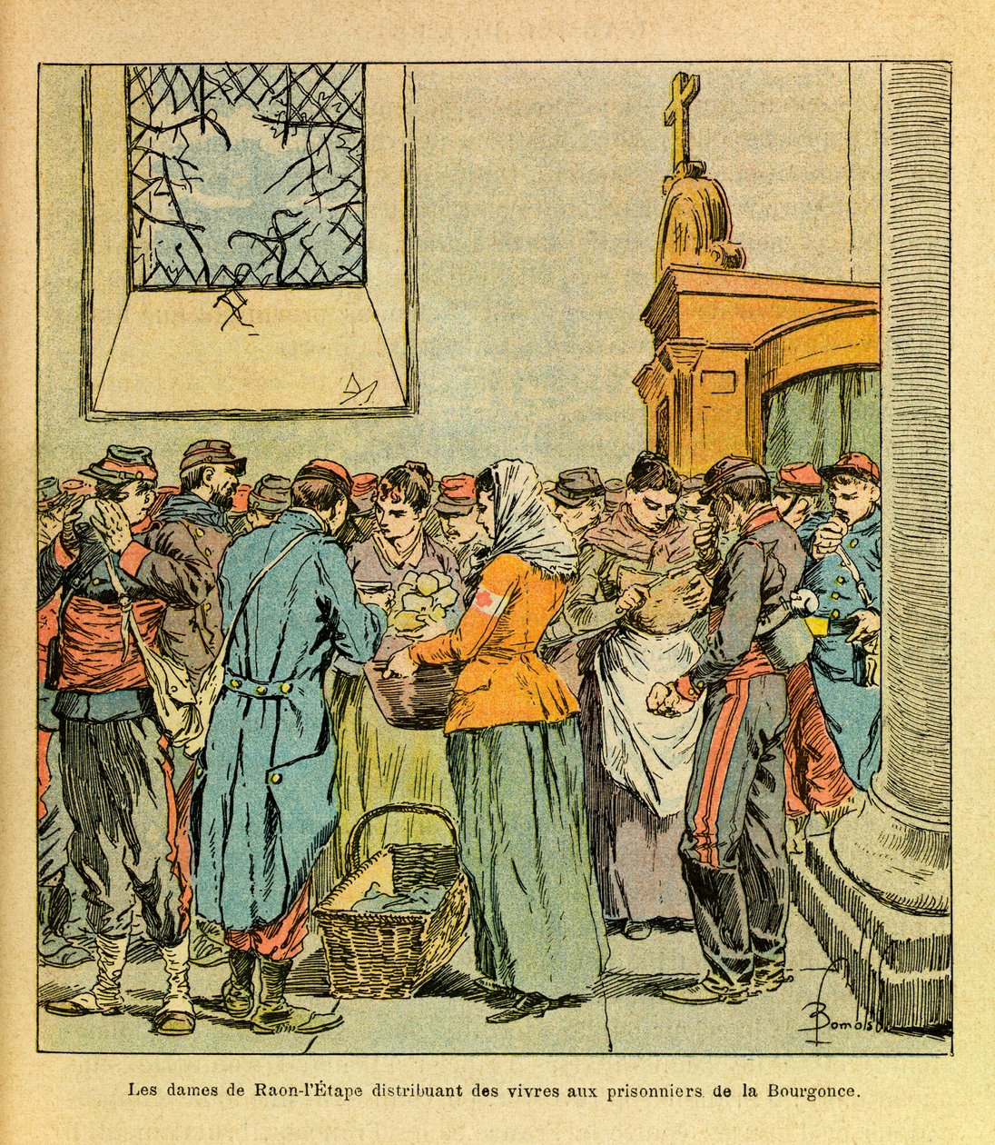 L'Armee de l'Est بواسطة Eugene Sergeant ، dit Grenest ، رسمها Louis Bombled (1862-1927) (الحرب الفرنسية الألمانية ؛ حملة 1870-1871): توزع نساء قرية Raon-l'Etape الطعام على سجناء بعد معركة La Bourgonce ، الجندي Collecti بواسطة تفجير لويس تشارلز
