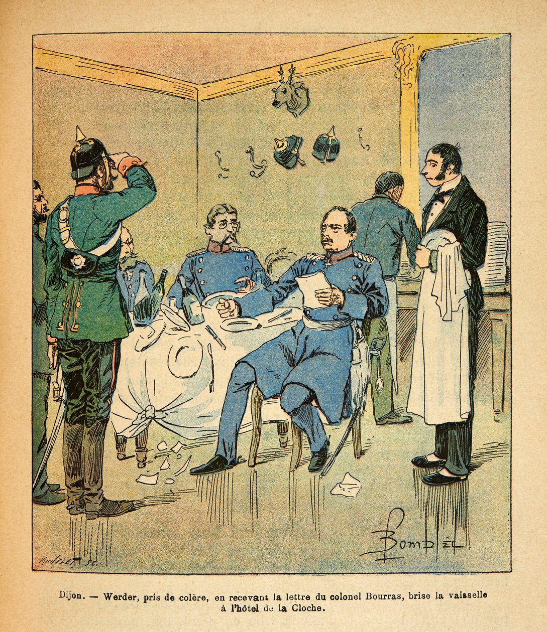 L'Armee de l'Est بواسطة Eugene Sergeant ، dit Grenest ، مصور من قبل لويس بومبلد (1862-1927) (الحرب الفرنسية الألمانية ؛ حملة 1870-1871): ديجون ، الجنرال فيردر ، غاضب من تلقي خطاب العقيد بوراس ، يكسر الأطباق في فندق de la Cloche ، Pr بواسطة تفجير لويس تشارلز