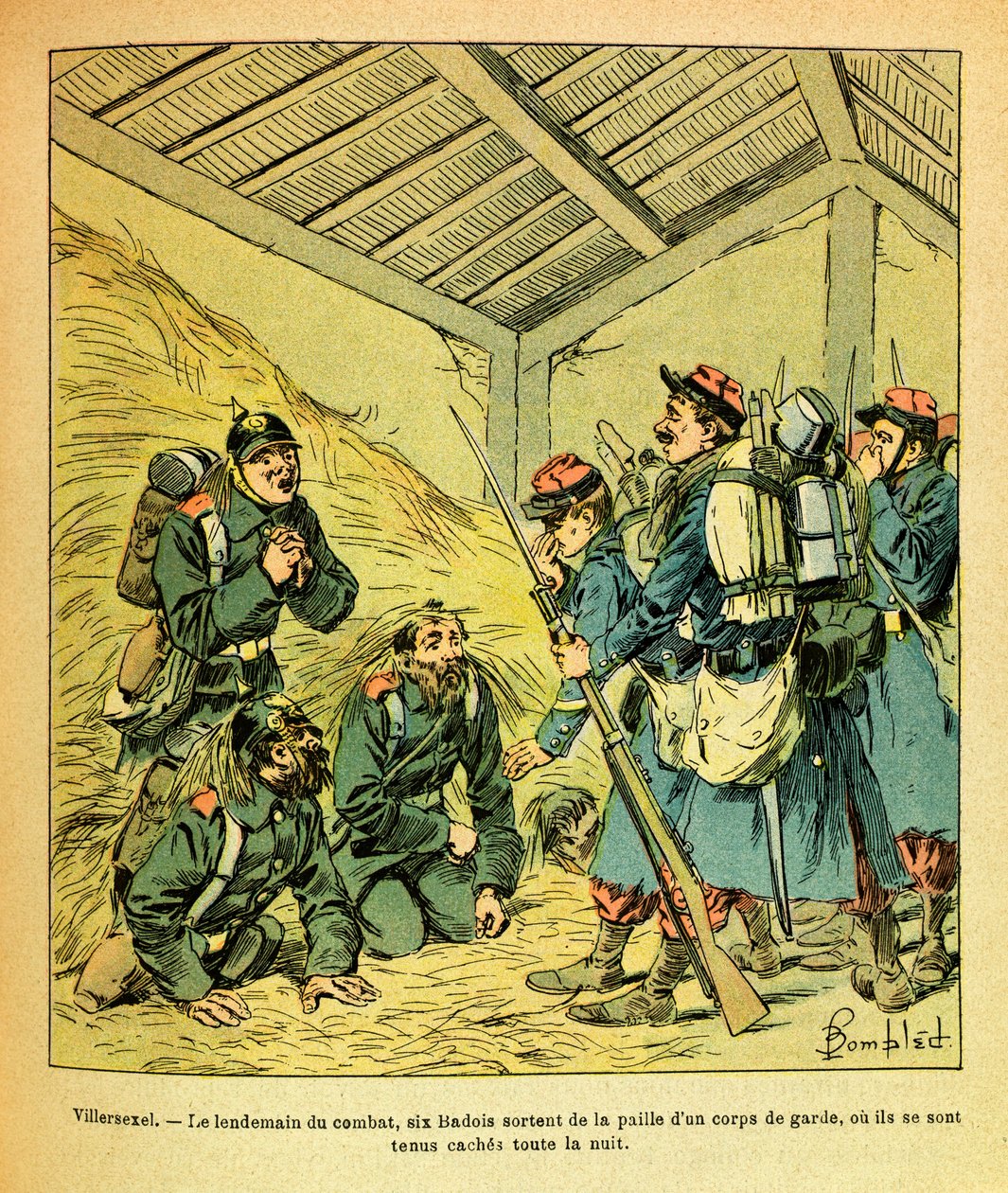 L'Armee de l'Est بواسطة Eugene Sergeant ، dit Grenest ، رسمها Louis Bombled (1862-1927) (الحرب الفرنسية الألمانية ؛ حملة 1870-1871): يناير 1871 ، في اليوم التالي لقتال Villersexel ، جاء ستة من Badois من قش حرس حيث هم بواسطة تفجير لويس تشارلز