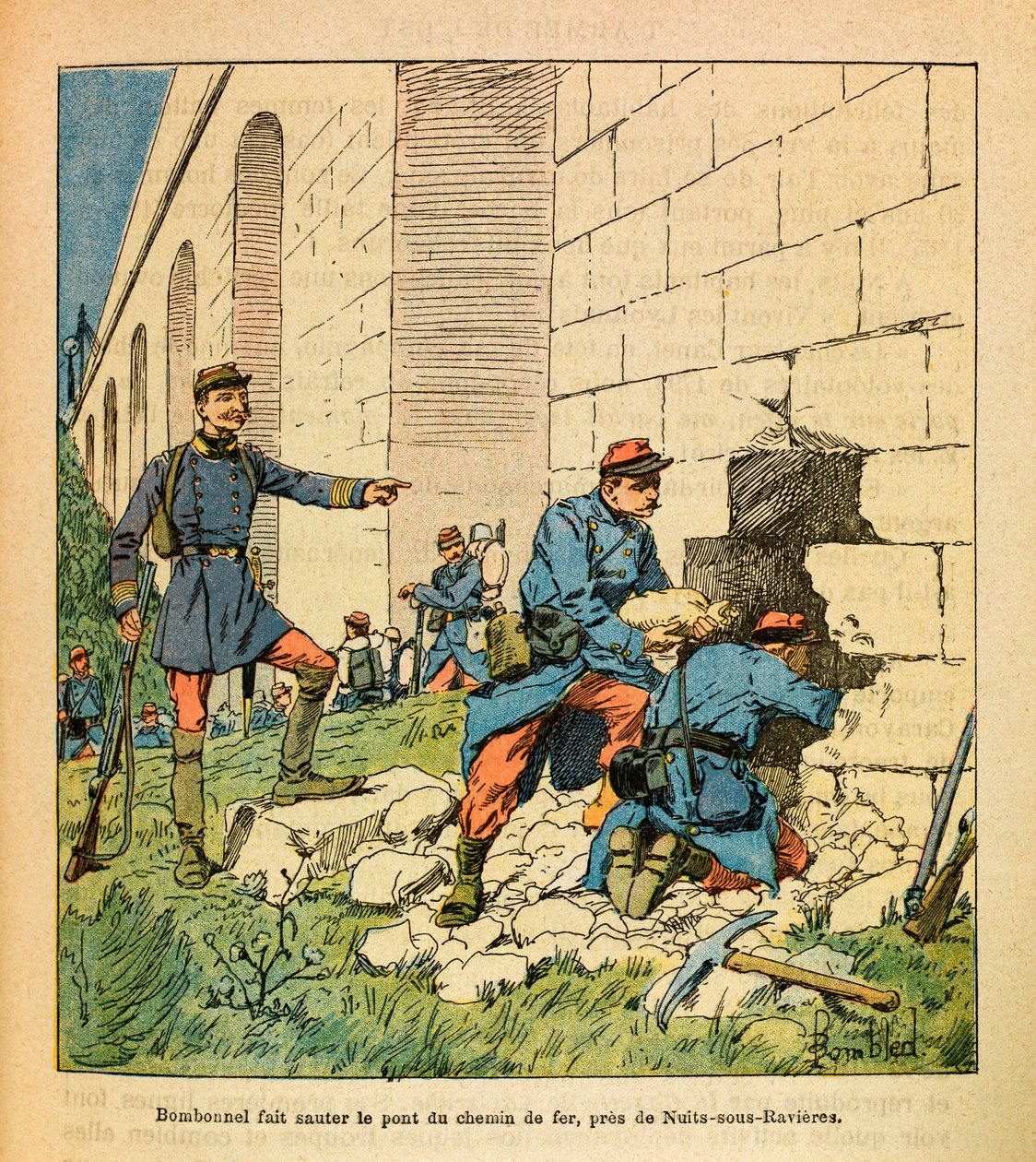 L'Armee de l'Est بواسطة Eugene Sergent ، dit Grenest ، مصور من قبل لويس بومبلد (1862-1927) (الحرب الفرنسية الألمانية ؛ حملة 1870-1871): قام بومبونيل ورماة أحراره بتفجير جسر أرمانكون بالقرب من أنهار نويز سو لخط السكة الحديد من ديجون إلى بنسلفانيا بواسطة تفجير لويس تشارلز
