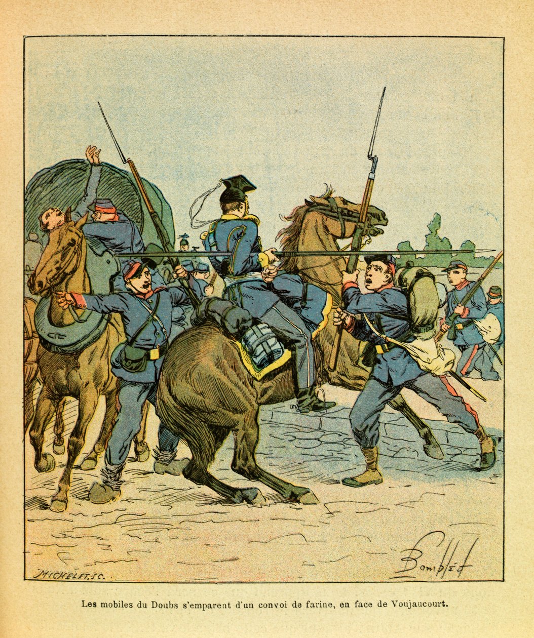 L'Armee de l'Est de Eugene Sergeant ، dit Grenest ، رسمها لويس بومبلد (1862-1927) (الحرب الفرنسية الألمانية ؛ حملة 1870-1871): استولت Les mobiles du Doubs على قافلة من الدقيق أمام Voujeaucourt في 23 نوفمبر 1870 ، مجموعة جزئية بواسطة تفجير لويس تشارلز