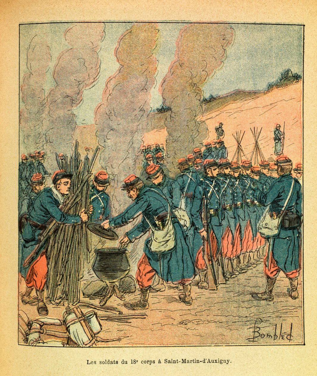 L'Armee de l'Est بواسطة Eugene Sergeant ، dit Grenest ، مصور بواسطة Louis Bombled (1862-1927) (الحرب الفرنسية الألمانية ؛ حملة 1870-1871): جنود الفيلق الثامن عشر في Saint Martin d'Auxigny ، جزئيًا مجموعة بواسطة تفجير لويس تشارلز