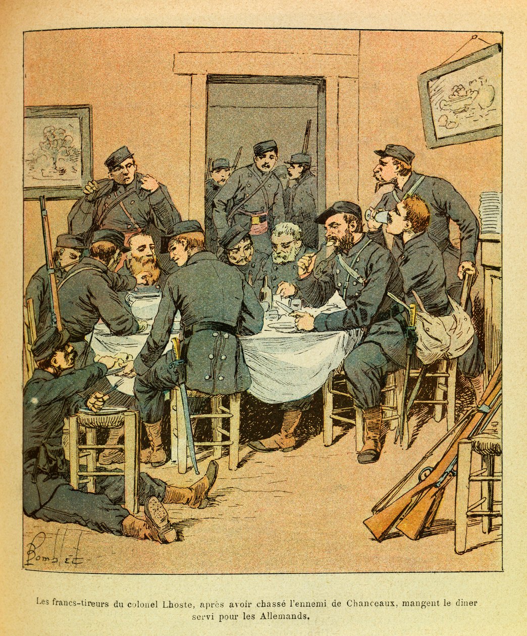 L'Armee de l'Est de Eugene Sergeant ، dit Grenest ، اللامع من قبل لويس بومبلد (1862-1927) (الحرب الفرنسية الألمانية ؛ حملة 1870-1871): الرماة الأحرار للعقيد لوست ، بعد مطاردة البروسيين في Chanceaux وهم يأكلون عشاءهم ، مجموعة جزئية بواسطة تفجير لويس تشارلز