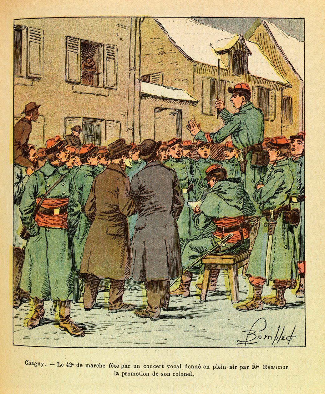 L'Armee de l'Est de Eugene Sergeant ، dit Grenest ، اللامع بواسطة Louis Bombled (1862-1927) (الحرب الفرنسية الألمانية ؛ حملة 1870-1871): في Chagny ، 42 ، eme of March احتفل بها حفل غنائي يعطي في الهواء الطلق ترقية العقيد كوليك بواسطة تفجير لويس تشارلز