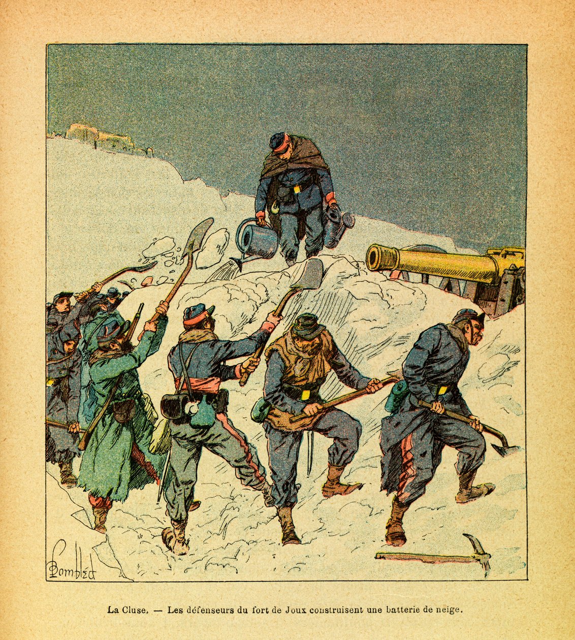 L'Armee de l'Est de Eugene Sergent ، dit Grenest ، اللامع من قبل لويس بومبلد (1862-1927) (الحرب الفرنسية الألمانية ؛ حملة 1870-1871): فبراير 1871 ، قام لا كلوز ، دفاع فورت دي جو ببناء بطارية من الثلج ، مجموعة جزئية بواسطة تفجير لويس تشارلز