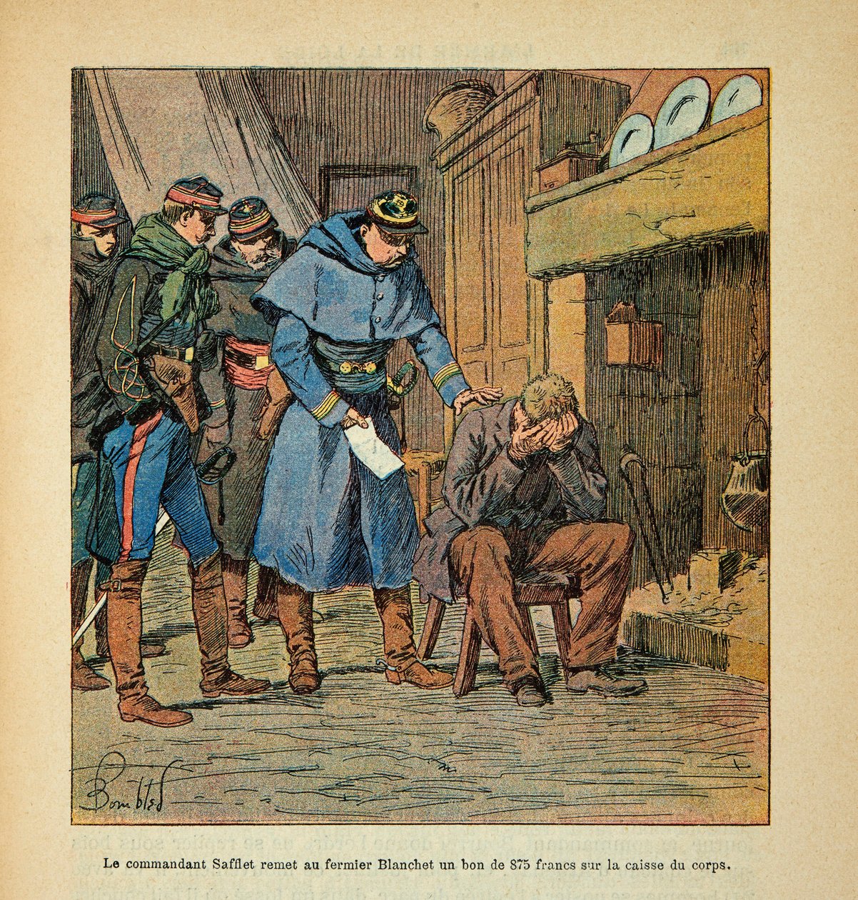L'Armee de la Loire بقلم يوجين سيرجنت ، ديت جرينست ، رسمها لويس بومبليد (1862-1927) (الحرب الفرنسية الألمانية ؛ حملة 1870-1871): يعطي القائد سافليت للمزارع قسيمة بقيمة 875 فرنكًا على علبة الجثة ، مجموعة خاصة بواسطة تفجير لويس تشارلز