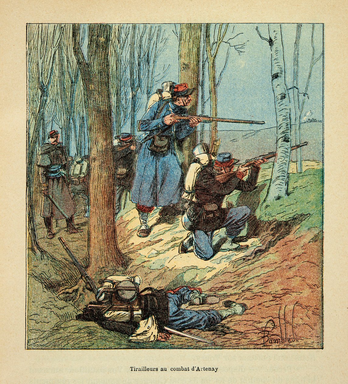 L'Armee de la Loire بواسطة Eugene Sergent ، dit Grenest ، مصور بواسطة Louis Bombled (1862-1927) (الحرب الفرنسية الألمانية ؛ حملة 1870-1871): Tirailleurs au Combat d'Artenay في 10 أكتوبر 1870 ، مجموعة خاصة بواسطة تفجير لويس تشارلز