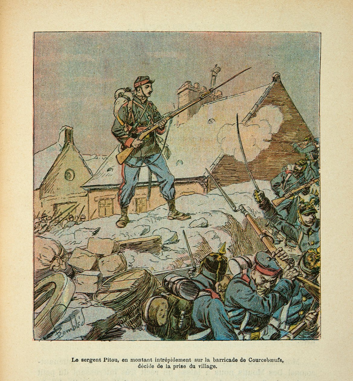 L'Armee de la Loire بقلم يوجين سيرجنت ، ديت جرينست ، رسمها لويس بومبليد (1862-1927) (الحرب الفرنسية الألمانية ؛ حملة 1870-1871): قرر الرقيب بيتو ، وهو في طريقه صعودًا إلى حاجز Courceboeufs ، أن يأخذ القرية في يناير 1871 ، مجموعة P بواسطة تفجير لويس تشارلز