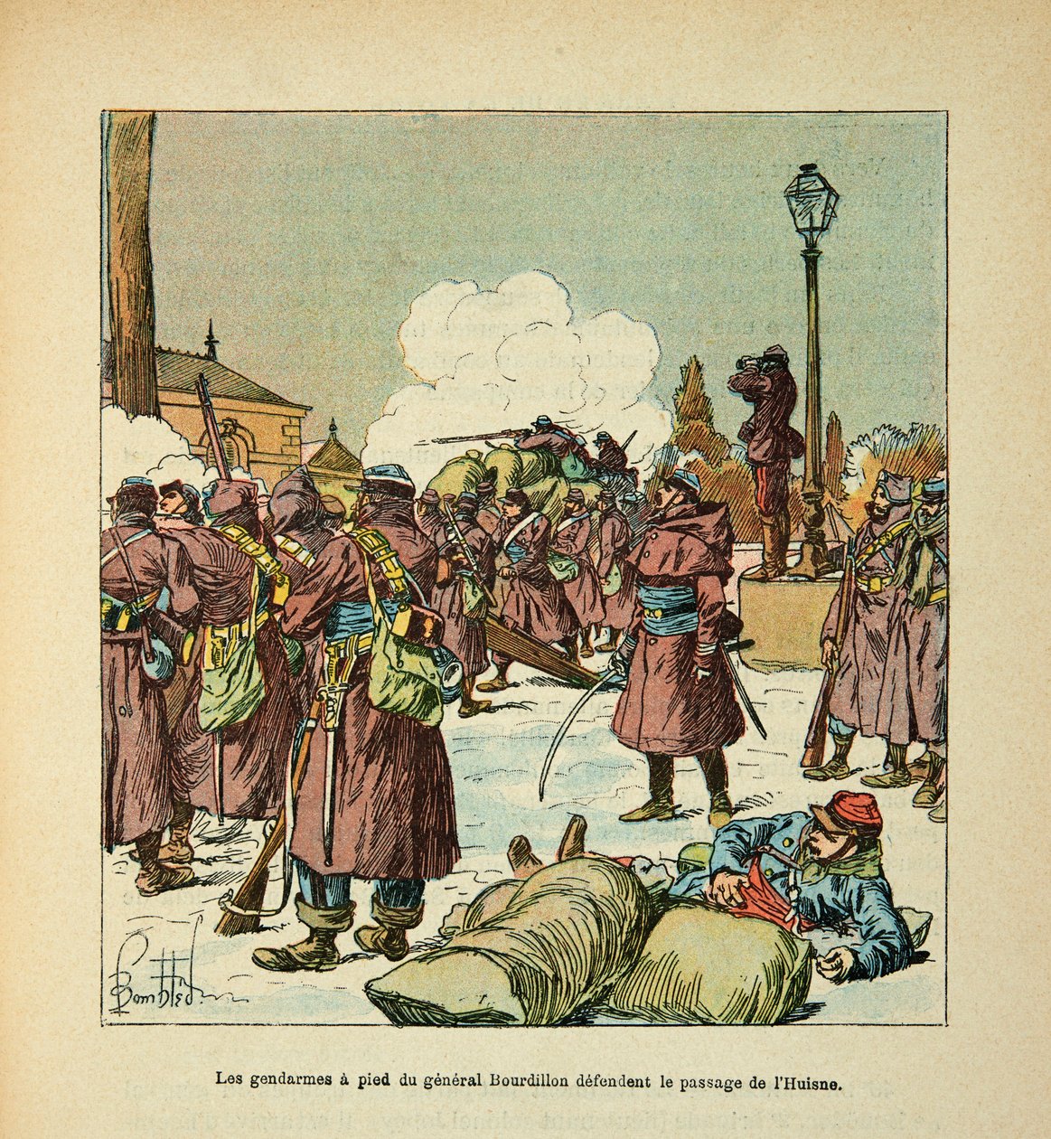 L'Armee de la Loire بواسطة Eugene Sergent ، dit Grenest ، مصور من قبل Louis Bombled (1862-1927) (الحرب الفرنسية الألمانية ؛ حملة 1870-1871): دافع رجال الدرك العام Bourdillon عن مرور Huisne في يناير 1871 ، مجموعة جزئي بواسطة تفجير لويس تشارلز