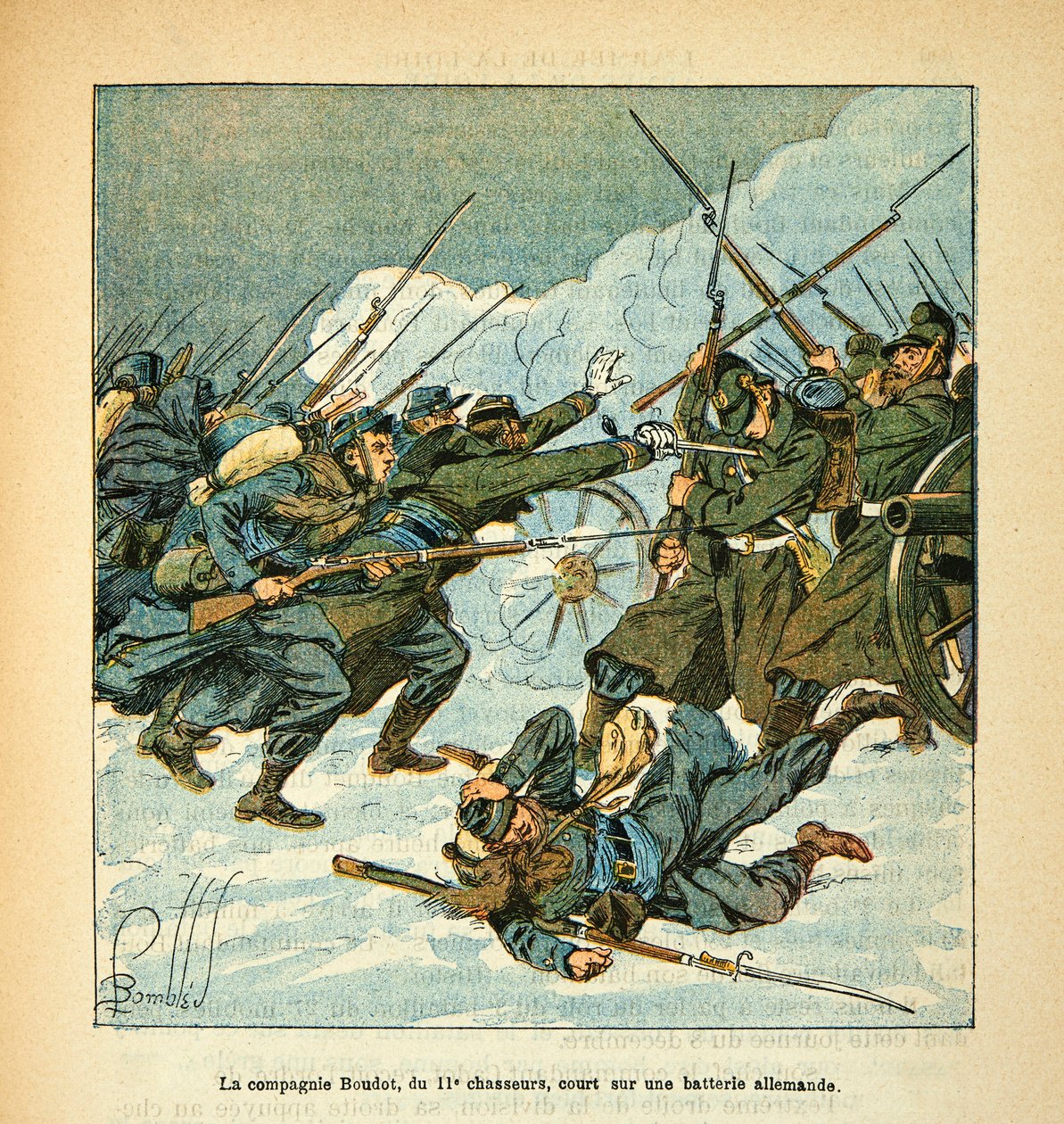 L'Armee de la Loire بواسطة Eugene Sergent ، dit Grenest ، رسمها لويس بومبلد (1862-1927) (الحرب الفرنسية الألمانية ؛ حملة 1870-1871): اقتحمت شركة Boudot المكونة من 11 صيادًا بطارية ألمانية في ديسمبر 1870 ، مجموعة جزئية بواسطة تفجير لويس تشارلز