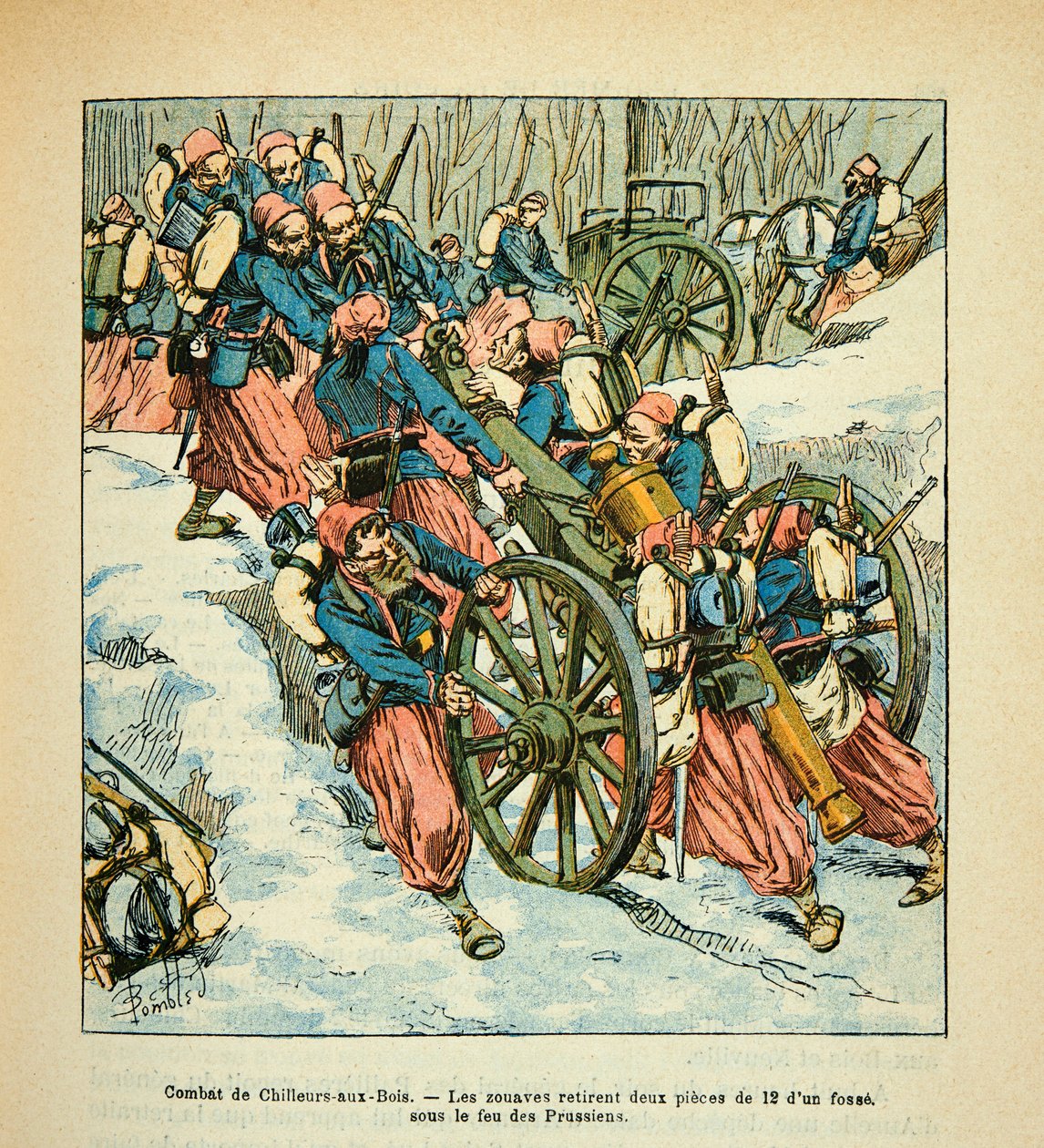 L'Armee de la Loire بواسطة Eugene Sergent ، dit Grenest ، رسمها لويس بومبليد (1862-1927) (الحرب الفرنسية الألمانية ؛ حملة 1870-1871): معركة Chilleurs aux bois في ديسمبر 1870 ، أزالت Zouaves قطعتين من 12 من حفرة تحت نار بروس بواسطة تفجير لويس تشارلز