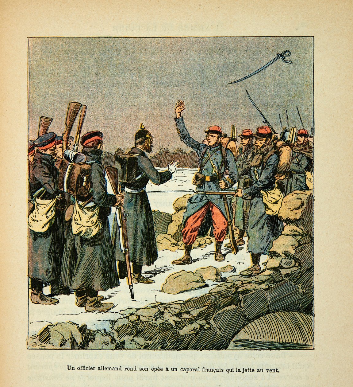 L'Armee de la Loire بقلم يوجين سيرجنت ، ديت جرينست ، رسمه لويس بومبلد (1862-1927) (الحرب الفرنسية الألمانية ؛ حملة 1870-1871): ضابط ألماني يعطي سيفه لعريف فرنسي يرمي به إلى الرياح ، جمع جزئي بواسطة تفجير لويس تشارلز