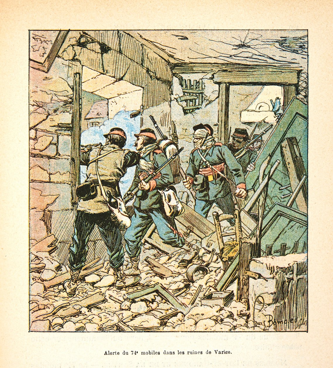L'Armee de la Loire بواسطة Eugene Sergent ، dit Grenest ، رسمها لويس بومبلد (1862-1927) (الحرب الفرنسية الألمانية ؛ حملة 1870-1871): في ديسمبر 1870 ، 74 ، eme المتنقلة في أنقاض قرية فاريز ، مجموعة خاصة بواسطة تفجير لويس تشارلز