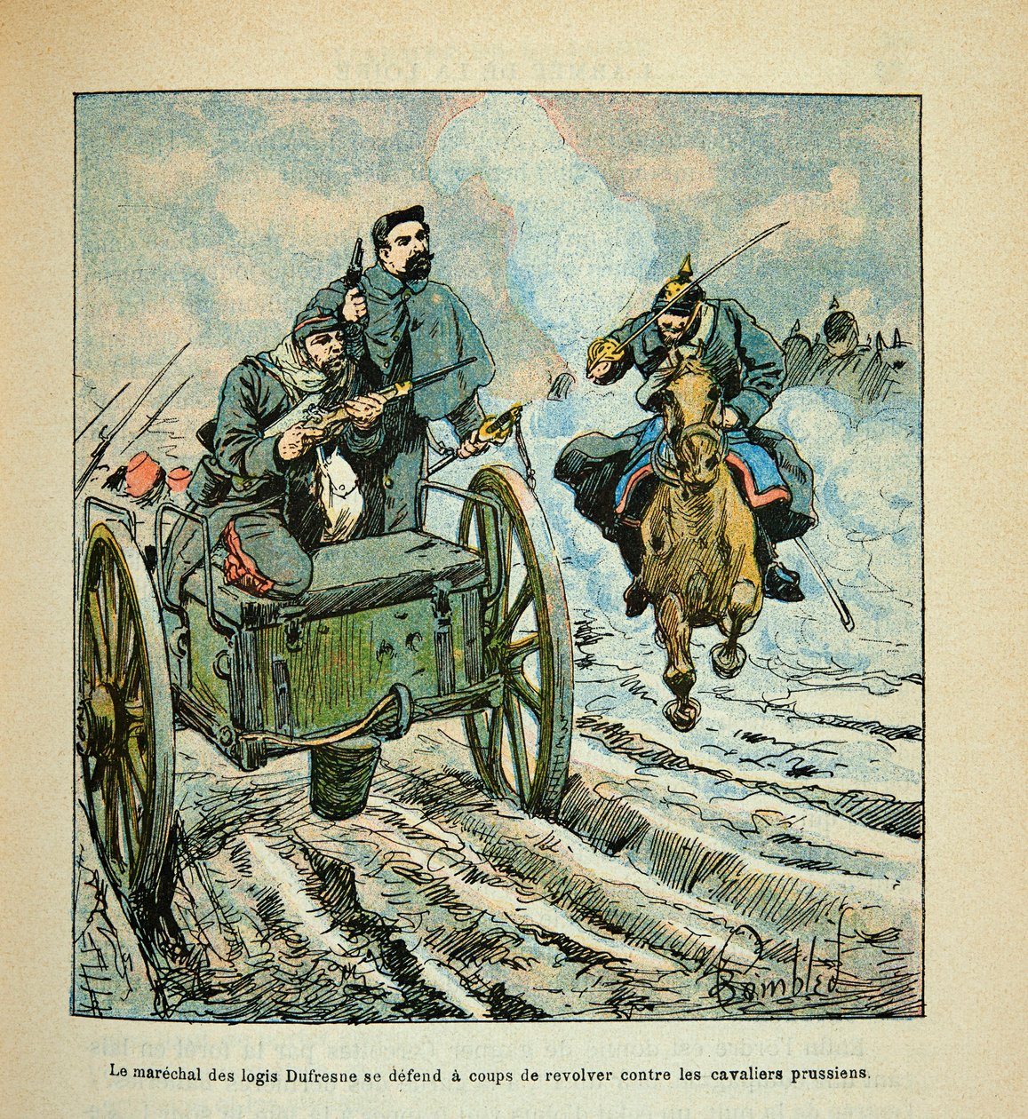 L'Armee de la Loire بقلم يوجين سيرجنت ، ديت جرينست ، رسمها لويس بومبلد (1862-1927) (الحرب الفرنسية الألمانية ؛ حملة 1870-1871): تدافع مارشال منازل دوفرسن عن نفسها بمسدس ضد الفرسان البروسيين خلال التراجع إلى أورليان بواسطة تفجير لويس تشارلز