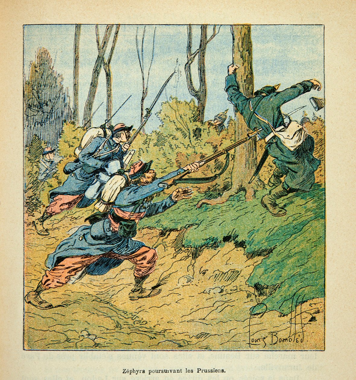 L'Armee de la Loire بقلم يوجين سيرجنت ، ديت جرينست ، رسمه لويس بومبليد (1862-1927) (الحرب الفرنسية الألمانية ؛ حملة 1870-1871): جنود فرنسيون يطاردون البروسيين أثناء حرب 1870 ، مجموعة خاصة بواسطة تفجير لويس تشارلز