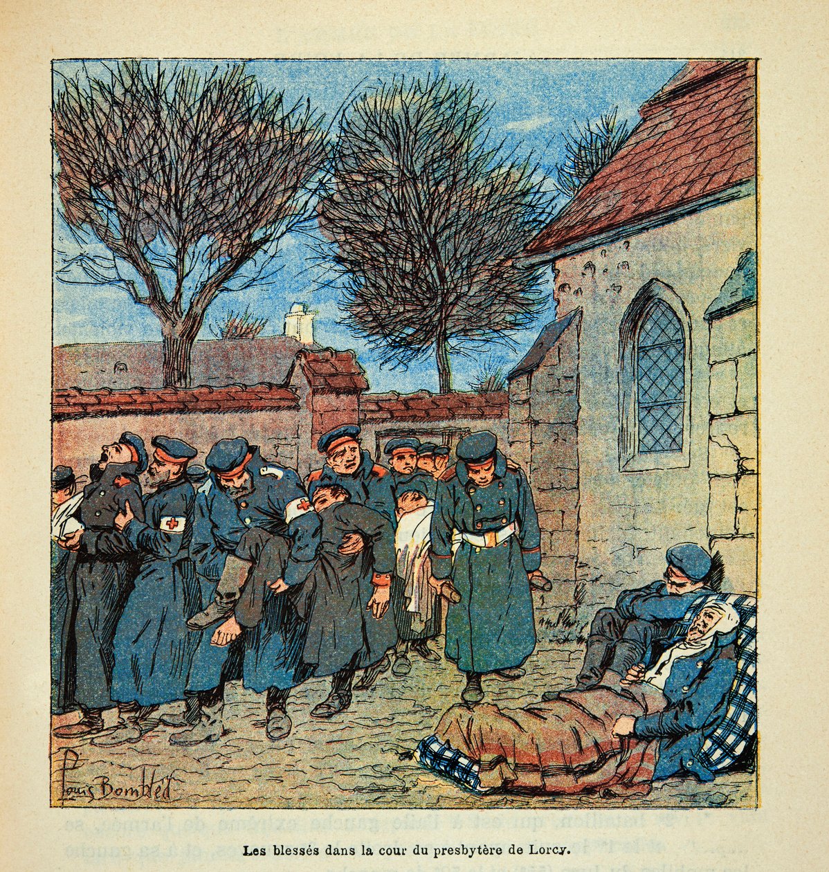 L'Armee de la Loire بقلم يوجين سيرجنت ، ديت جرينست ، رسمه لويس بومبلد (1862-1927) (الحرب الفرنسية الألمانية ؛ حملة 1870-1871): الجرحى الألمان في باحة كنيسة لورسي أثناء معركة Beaune La Rolande في نوفمبر 1870 ، بواسطة تفجير لويس تشارلز