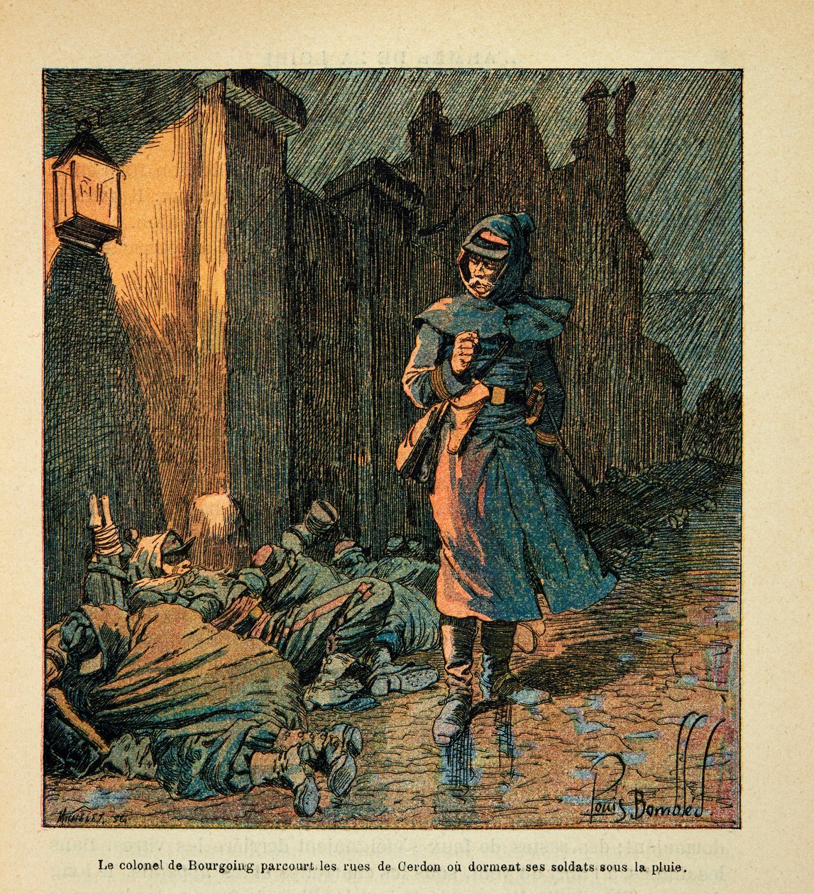 L'Armee de la Loire بقلم يوجين سيرجنت ، ديت جرينست ، رسمه لويس بومبلد (1862-1927) (الحرب الفرنسية الألمانية ؛ حملة 1870-1871): الكولونيل دي بوروغ يسافر في شوارع سيردون أو ينام جنوده تحت المطر أثناء انسحاب الجيش af بواسطة تفجير لويس تشارلز