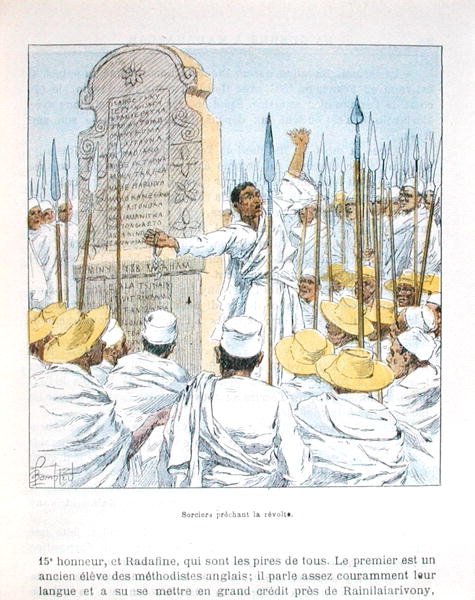 سحرة يبشرون بالثورة ضد فرنسا بعد الاحتلال الفرنسي لمدغشقر في عام 1895 ، رسم توضيحي من "La guerre a Madagascar" بقلم DHGalli ، نهاية القرن التاسع عشر (لون ليثو) بواسطة تفجير لويس تشارلز
