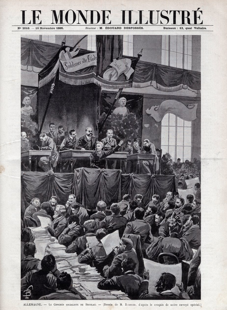 خطاب أوجست بيبل (1840-1913) أثناء المؤتمر الاشتراكي لبريسلاو بألمانيا عام 1895 - نقش في "العالم المصور" عام 1895 - رسم بواسطة بومبلد. بواسطة تفجير لويس تشارلز