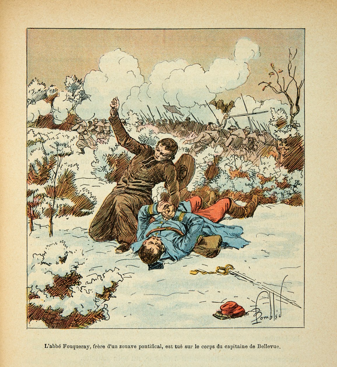 The Armee of the Loire بقلم يوجين رقيب ، ديت جرينست ، رسمها لويس بومبلد (1862-1927) (الحرب الفرنسية الألمانية ؛ حملة 1870-1871): قُتل أبي فوكراي ، شقيق الزواف البابوي ، على جثة النقيب بلفيو ، مجموعة خاصة بواسطة تفجير لويس تشارلز