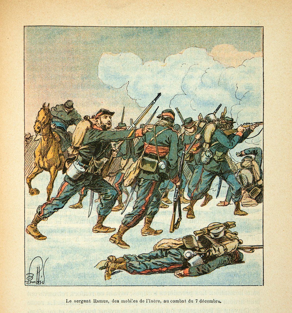 The Armee of the Loire بقلم يوجين رقيب ، المعروف باسم Grenest ، رسمه لويس بومبلد (1862-1927) (الحرب الفرنسية الألمانية ؛ حملة 1870-1871): الرقيب راموس من متنقلة Isere في معركة 7 ديسمبر بواسطة تفجير لويس تشارلز