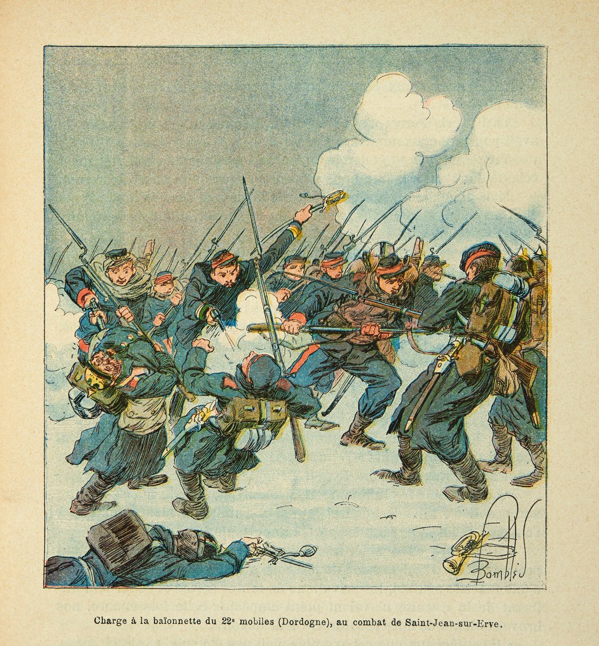 The Armee of the Loire بقلم يوجين رقيب ، المعروف باسم Grenest ، رسمه لويس بومبلد (1862-1927) (الحرب الفرنسية الألمانية ؛ حملة 1870-1871): اشحن إلى baionette المحمول الثاني والعشرين (Dordogne) في معركة القديس جان سور إيفري في يناير 1871 ، ص بواسطة تفجير لويس تشارلز