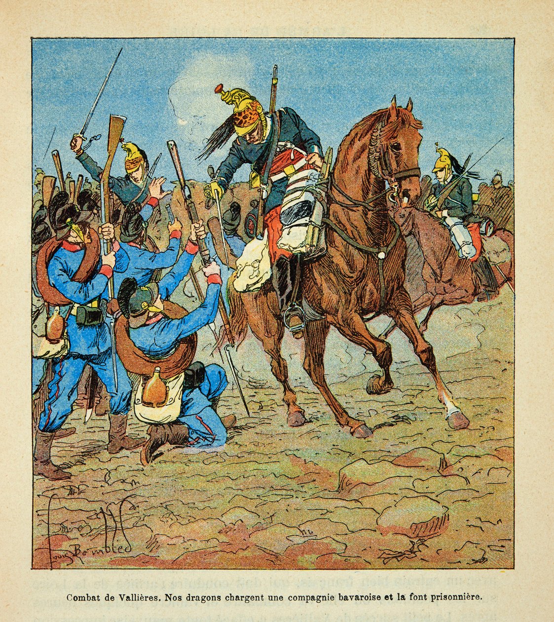 The Armee of the Loire بواسطة Eugene Sergent ، المعروف باسم Grenest ، رسمه Louis Bombled (1862-1927) (الحرب الفرنسية الألمانية ؛ حملة 1870-1871): معركة Vallieres في نوفمبر 1870 ، قام التنانين الفرنسية بشحن شركة بافارية وجعلها انها سجين ، الجندي ج بواسطة تفجير لويس تشارلز