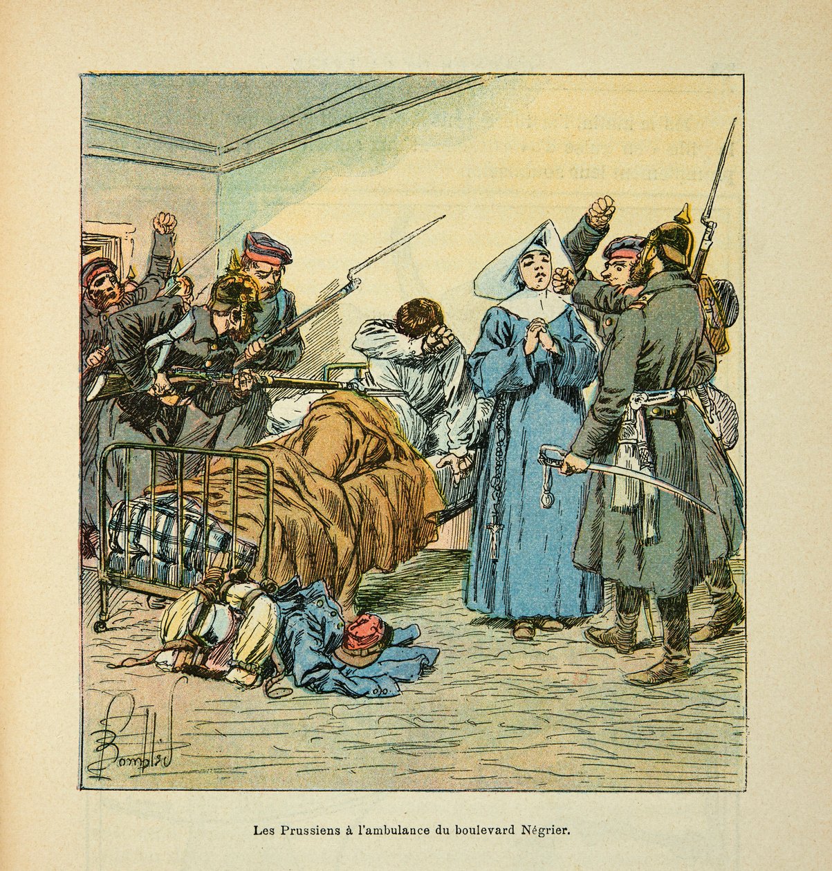 The Armee of the Loire بقلم يوجين سيرجنت ، المعروف باسم Grenest ، رسمه لويس بومبلد (1862-1927) (الحرب الفرنسية الألمانية ؛ حملة 1870-1871): البروسيون في سيارة إسعاف Boulevard Negrier au Mans في يناير 1871 ، مجموعة خاصة بواسطة تفجير لويس تشارلز