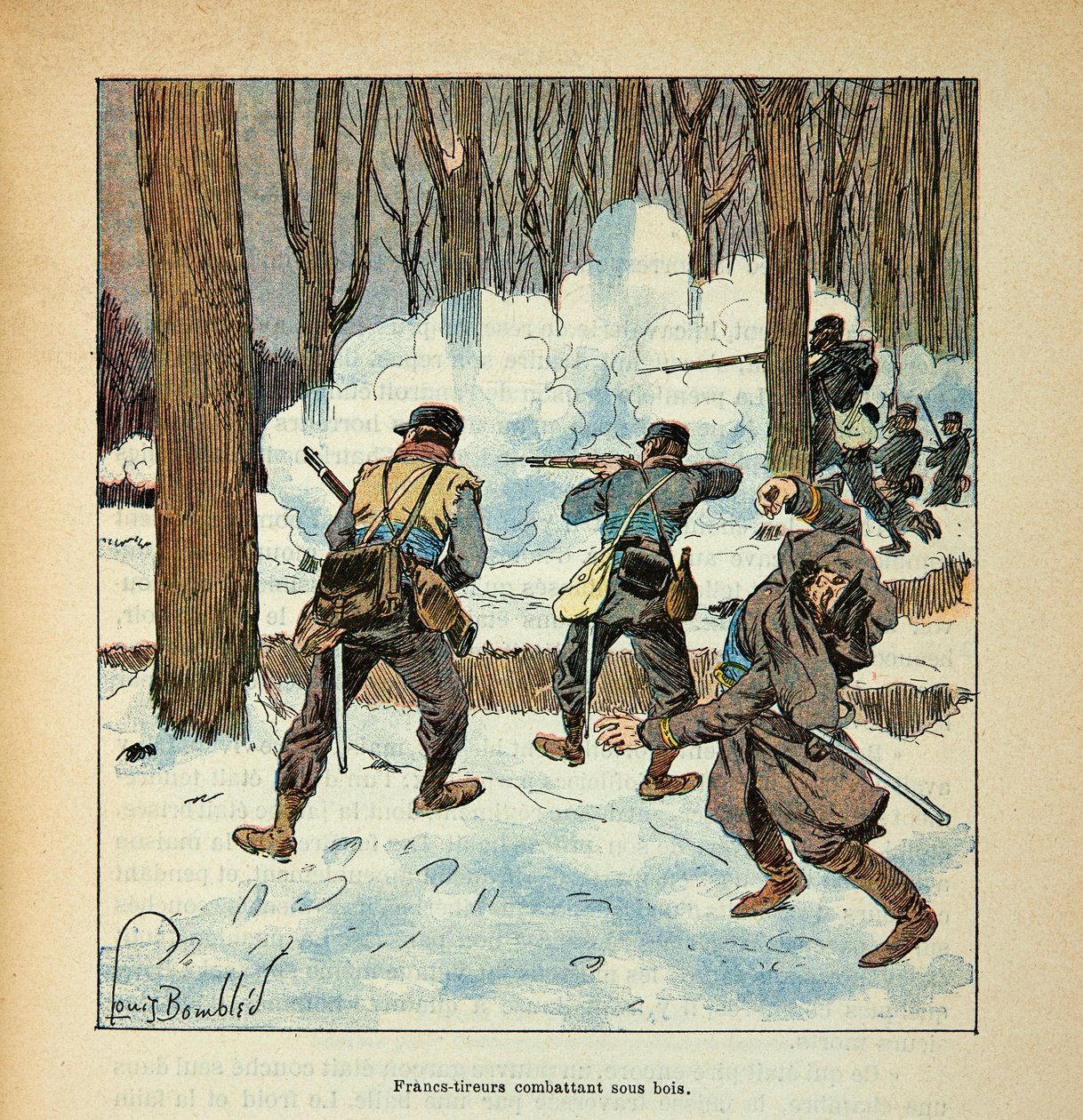 The Armee of the Loire بقلم يوجين سيرجنت ، المعروف باسم جرينست ، رسمه لويس بومبلد (1862-1927) (الحرب الفرنسية الألمانية ؛ حملة 1870-1871): الرماة الفرانكيون مقاتل فرنسي تحت الخشب ، مجموعة خاصة بواسطة تفجير لويس تشارلز