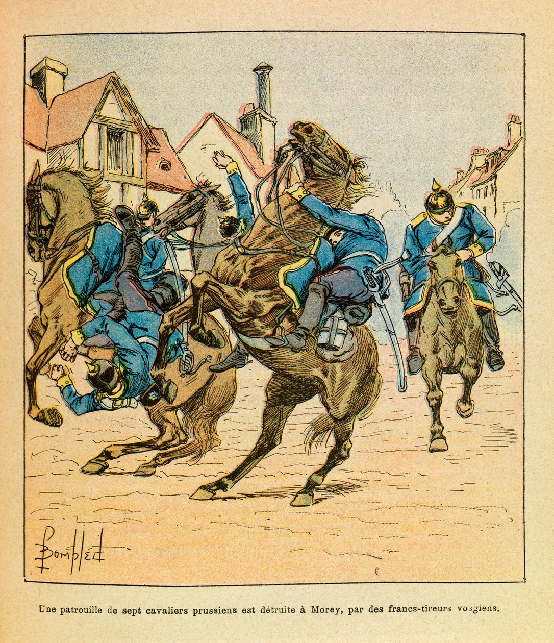 الجيش الشرقي ليوجين رقيب ، ديت جرينست ، رسمه لويس بومبلد (1862-1927) (الحرب الفرنسية الألمانية ؛ حملة 1870-1871): في ديسمبر 1870 ، تم تدمير دورية من سبعة فرسان بروسيين في موري على يد قناصة فوسجيان ، مجموعة خاصة بواسطة تفجير لويس تشارلز