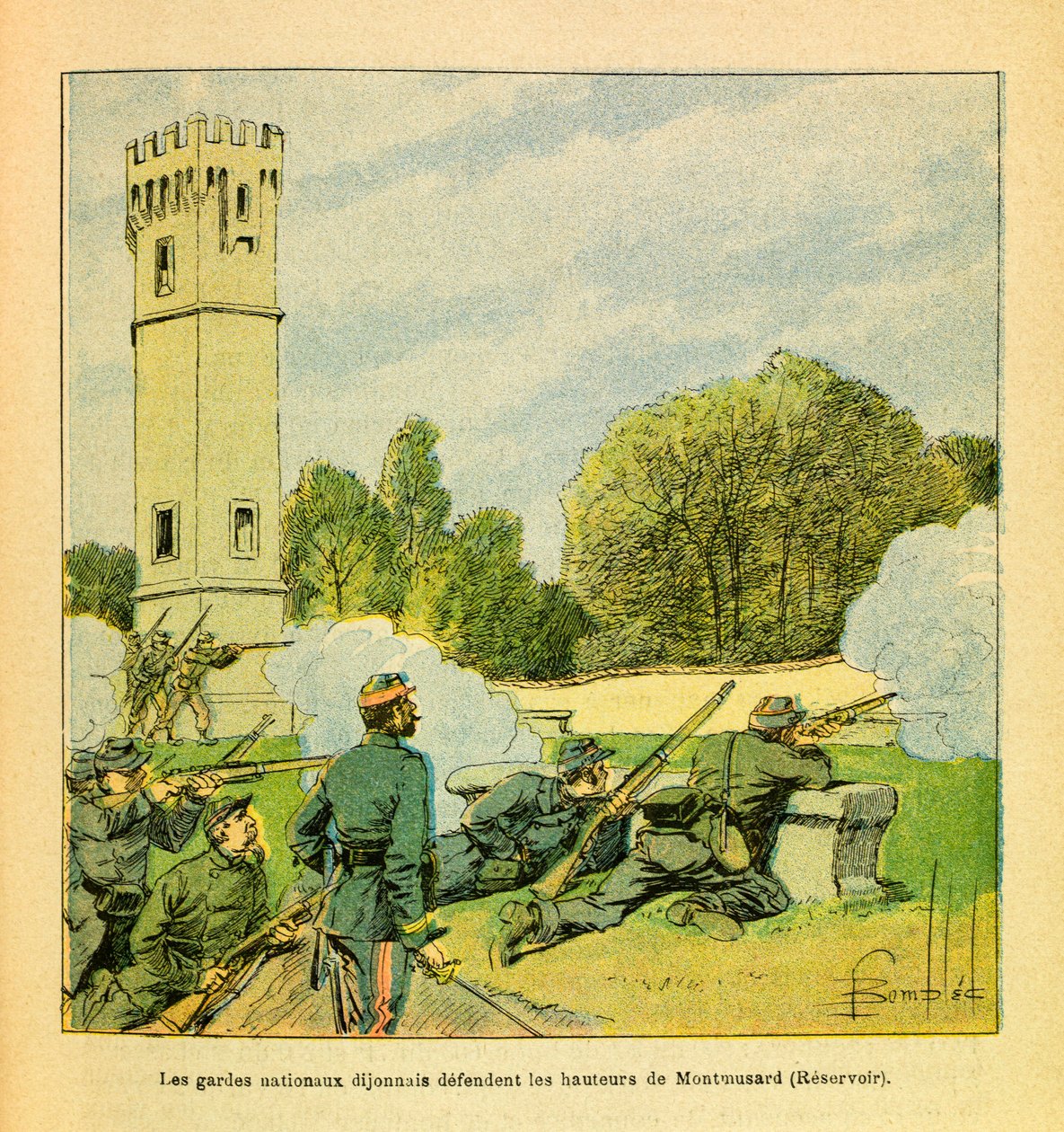 الجيش الشرقي ليوجين رقيب ، ديت جرينست ، رسمه لويس بومبلد (1862-1927) (الحرب الفرنسية الألمانية ؛ حملة 1870-1871): الدفاع عن ديجون في أكتوبر 1870 ، حرس ديجونيه الوطني يدافع عن مرتفعات مونتموسارد ، بشكل خاص مجموعة بواسطة تفجير لويس تشارلز