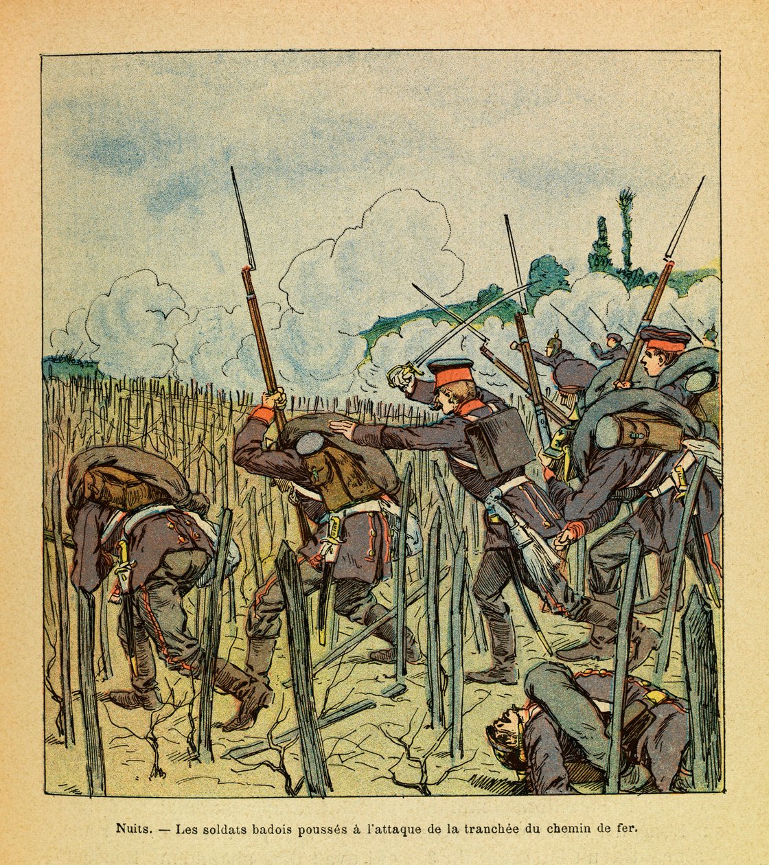 الجيش الشرقي ليوجين رقيب ، المعروف باسم جرينست ، رسمه لويس بومبلد (1862-1927) (الحرب الفرنسية الألمانية ؛ حملة 1870-1871): معركة ليالي سانت جورج ؛ هاجم جنود بادوا قسم السكة الحديد في ديسمبر 1870 ، الجندي كول بواسطة تفجير لويس تشارلز