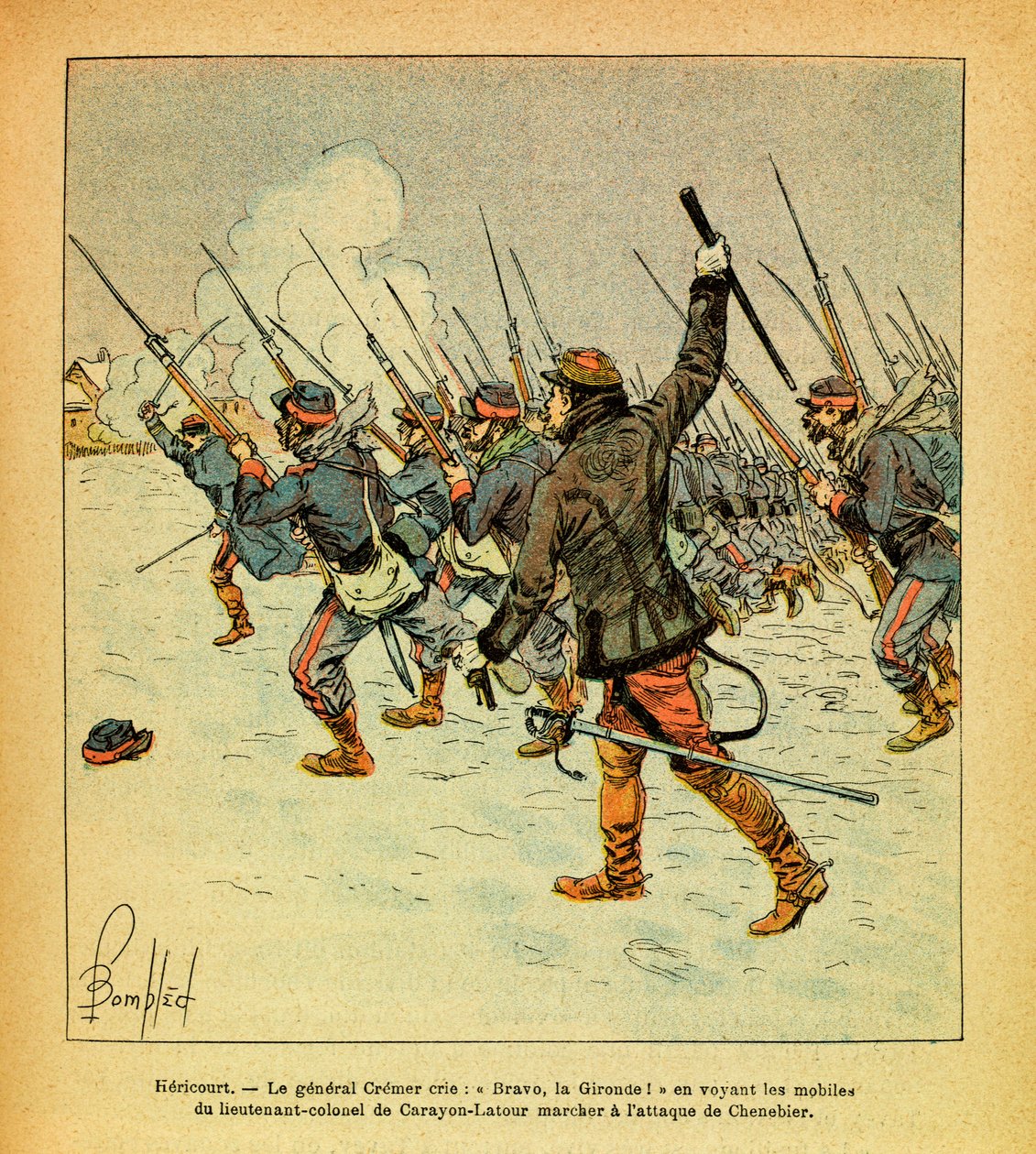 الجيش الشرقي ليوجين رقيب ، المعروف باسم جرينست ، رسمه لويس بومبلد (1862-1927) (الحرب الفرنسية الألمانية ؛ حملة 1870-1871): يناير 1871 ، هريكورت ، الجنرال كريمر يصرخ "برافو ، لا جيروند" عندما يرى دوافع المقدم بواسطة تفجير لويس تشارلز