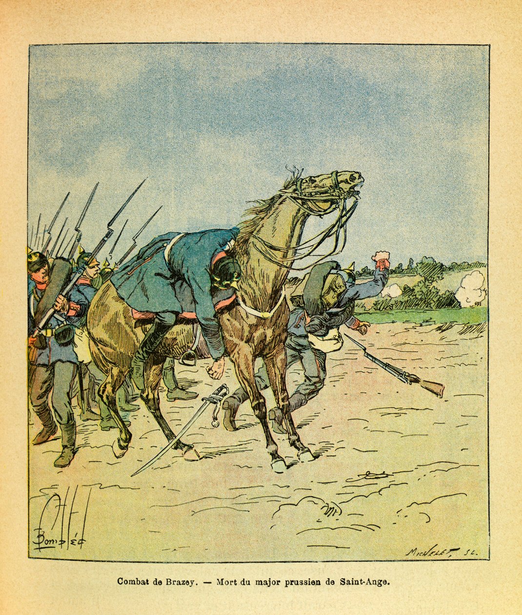 الجيش الشرقي ليوجين رقيب ، المعروف باسم جرينست ، رسمه لويس بومبلد (1862-1927) (الحرب الفرنسية الألمانية ؛ حملة 1870-1871): نوفمبر 1870 ، أثناء معارك برازي ، تم إسقاط الرائد البروسي سانت آنج ، مجموعة خاصة بواسطة تفجير لويس تشارلز