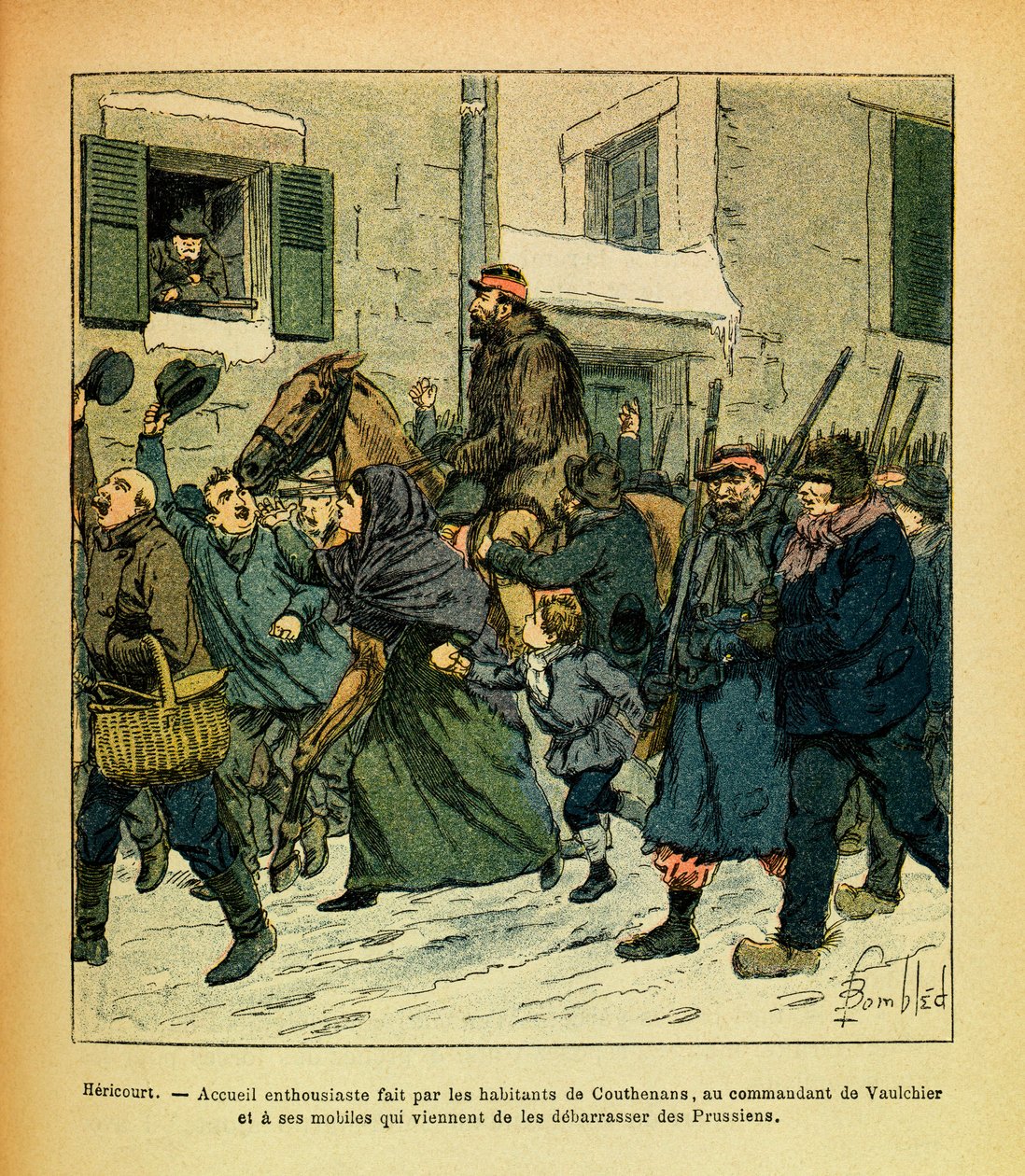 الجيش الشرقي ليوجين رقيب ، المعروف باسم جرينست ، رسمه لويس بومبلد (1862-1927) (الحرب الفرنسية الألمانية ؛ حملة 1870-1871): يناير 1871 ، هريكورت ، الحماس الذي أبداه سكان كوثينان ، لقائد فولشير و م بواسطة تفجير لويس تشارلز