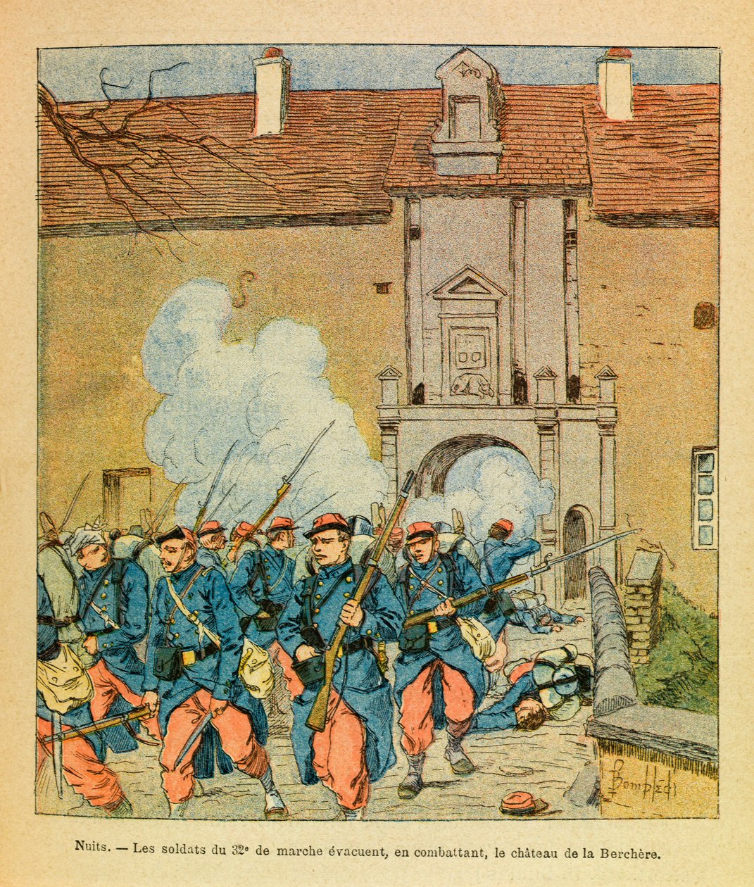 الجيش الشرقي ليوجين رقيب ، المعروف باسم جرينست ، رسمه لويس بومبلد (1862-1927) (الحرب الفرنسية الألمانية ؛ حملة 1870-1871): معركة الليل سانت جورج ؛ جنود الـ 32 ، eme de marche يخلون أثناء قتالهم قلعة La Berc بواسطة تفجير لويس تشارلز