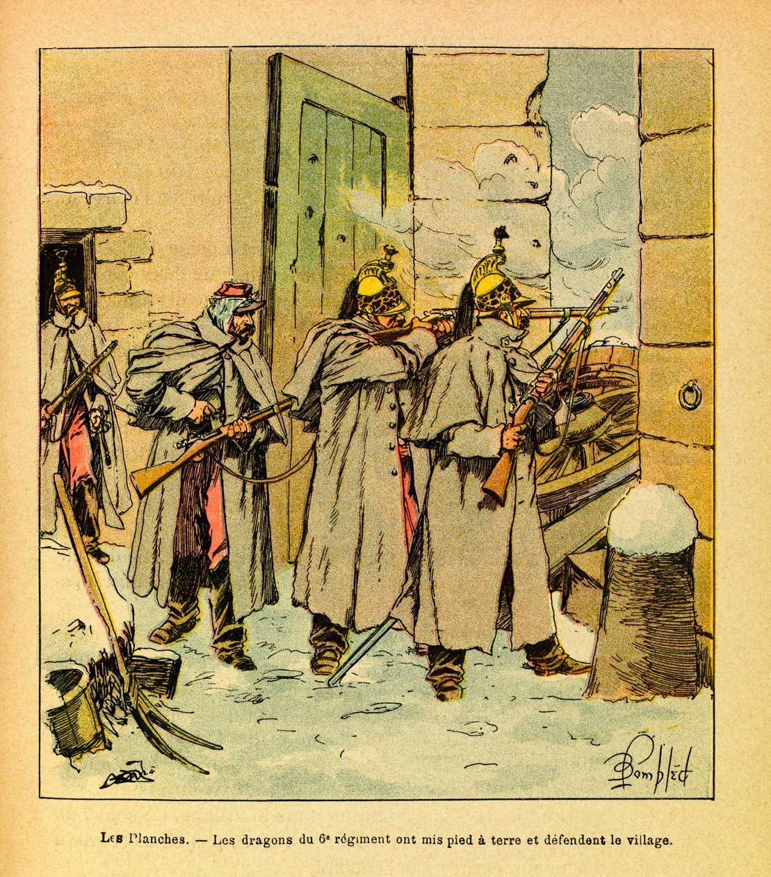 الجيش الشرقي ليوجين رقيب ، المعروف باسم جرينست ، رسمه لويس بومبلد (1862-1927) (الحرب الفرنسية الألمانية ؛ حملة 1870-1871): في قرية ليه بلش ، تدافع تنانين الفوج السادس عن القرية ، مجموعة جزئي بواسطة تفجير لويس تشارلز