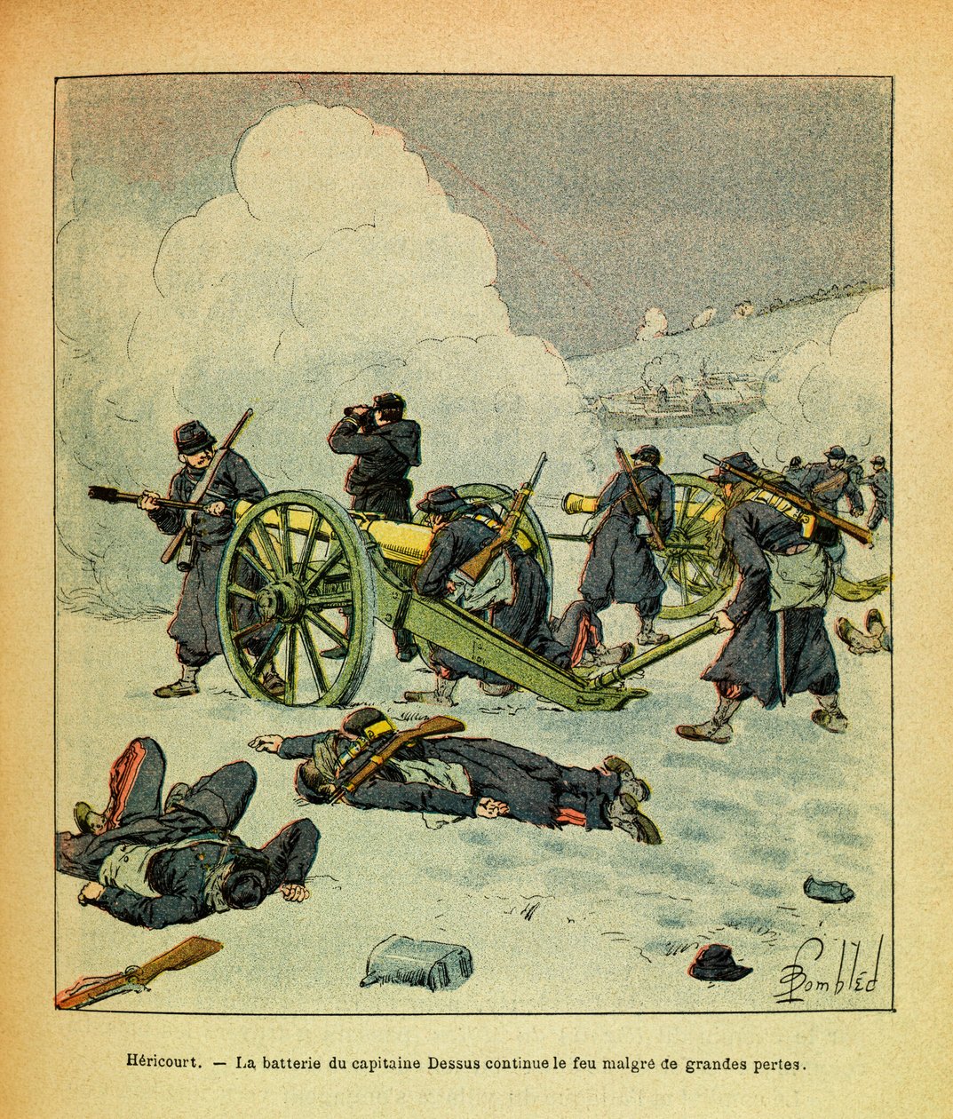 الجيش الشرقي ليوجين رقيب ، المعروف باسم جرينست ، رسمه لويس بومبلد (1862-1927) (الحرب الفرنسية الألمانية ؛ حملة 1870-1871): يناير 1871 ، هريكورت ، بطارية الكابتن ديسوس تواصل إطلاق النار بخسائر فادحة ، مجموعة خاصة بواسطة تفجير لويس تشارلز