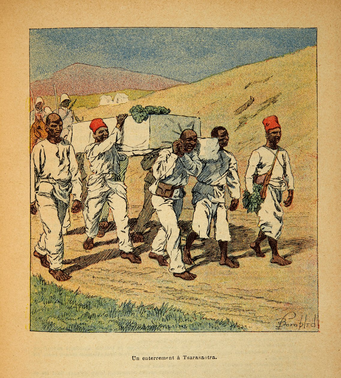 الحرب في مدغشقر - التاريخ القصصي للبعثات الفرنسية 1885-1895 بقلم هنري جالي ديت جاليشيت (1854-1922) ، رسمها لويس بومبلد (1862-1927): دفن جندي في تساراساوترا في عام 1895 ، مجموعة خاصة بواسطة تفجير لويس تشارلز