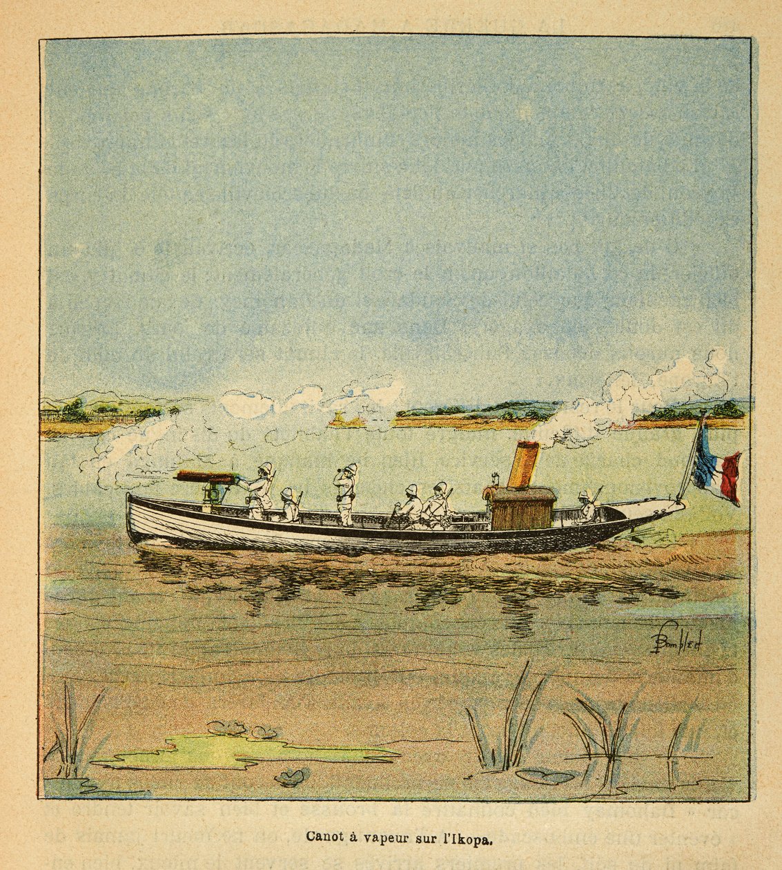 الحرب في مدغشقر - التاريخ القصصي للبعثات الفرنسية 1885-1895 بقلم هنري جالي ديت غالليشيت (1854-1922) ، رسمها لويس بومبلد (1862-1927): كانونير الفرنسية على نهر إيكوبا في مدغشقر في عام 1895 ، مجموعة خاصة بواسطة تفجير لويس تشارلز