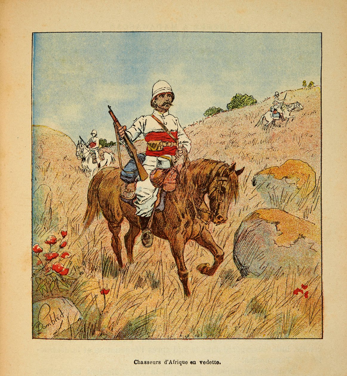 الحرب في مدغشقر - التاريخ القصصي للبعثات الفرنسية 1885-1895 بقلم هنري جالي ديت جاليشيت (1854-1922) ، رسمها لويس بومبلد (1862-1927): صياد إفريقيا في الكشافة في مدغشقر في عام 1895 ، مجموعة خاصة بواسطة تفجير لويس تشارلز