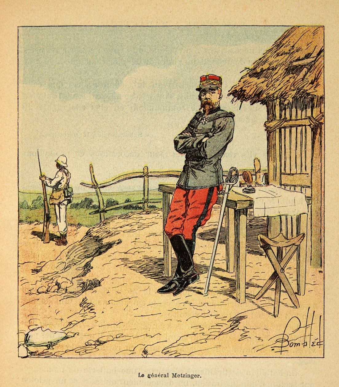 الحرب في مدغشقر - التاريخ القصصي للبعثات الفرنسية 1885-1895 بواسطة هنري جالي ديت جاليشيت (1854-1922) ، رسمها لويس بومبلد (1862-1927): صورة للجنرال ميتزينجر في مدغشقر في عام 1895 ، مجموعة خاصة بواسطة تفجير لويس تشارلز