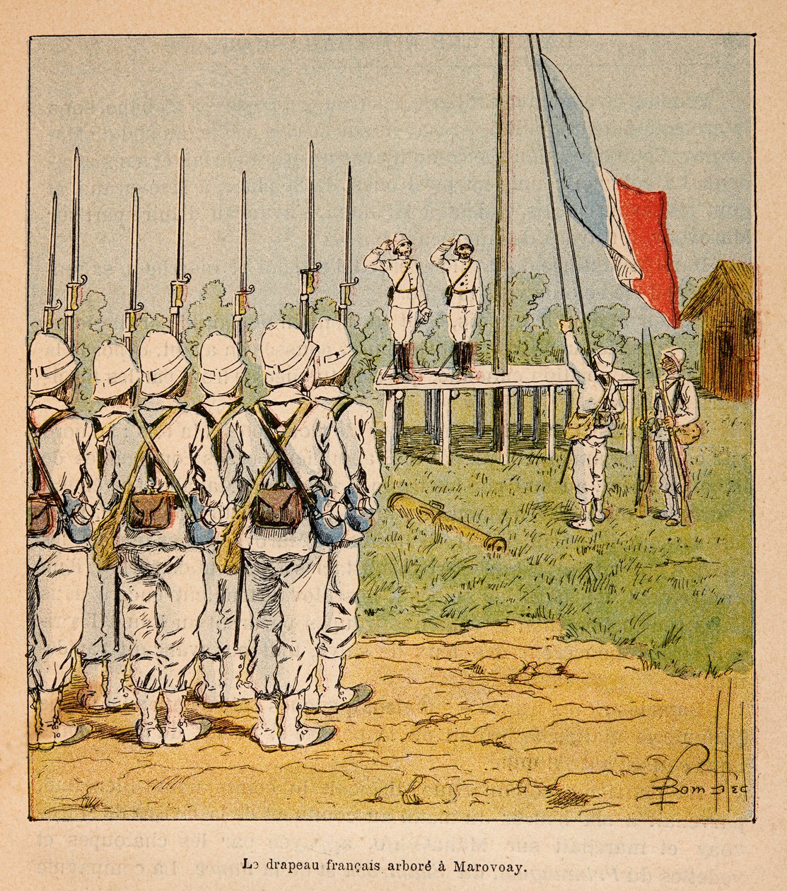 الحرب في مدغشقر - التاريخ القصصي للبعثات الفرنسية 1885-1895 بواسطة هنري غالي ديت غاليشيت (1854-1922) ، رسمها لويس بومبلد (1862-1927): العلم الفرنسي يطفو في ماروفواي في عام 1895 ، مجموعة خاصة بواسطة تفجير لويس تشارلز