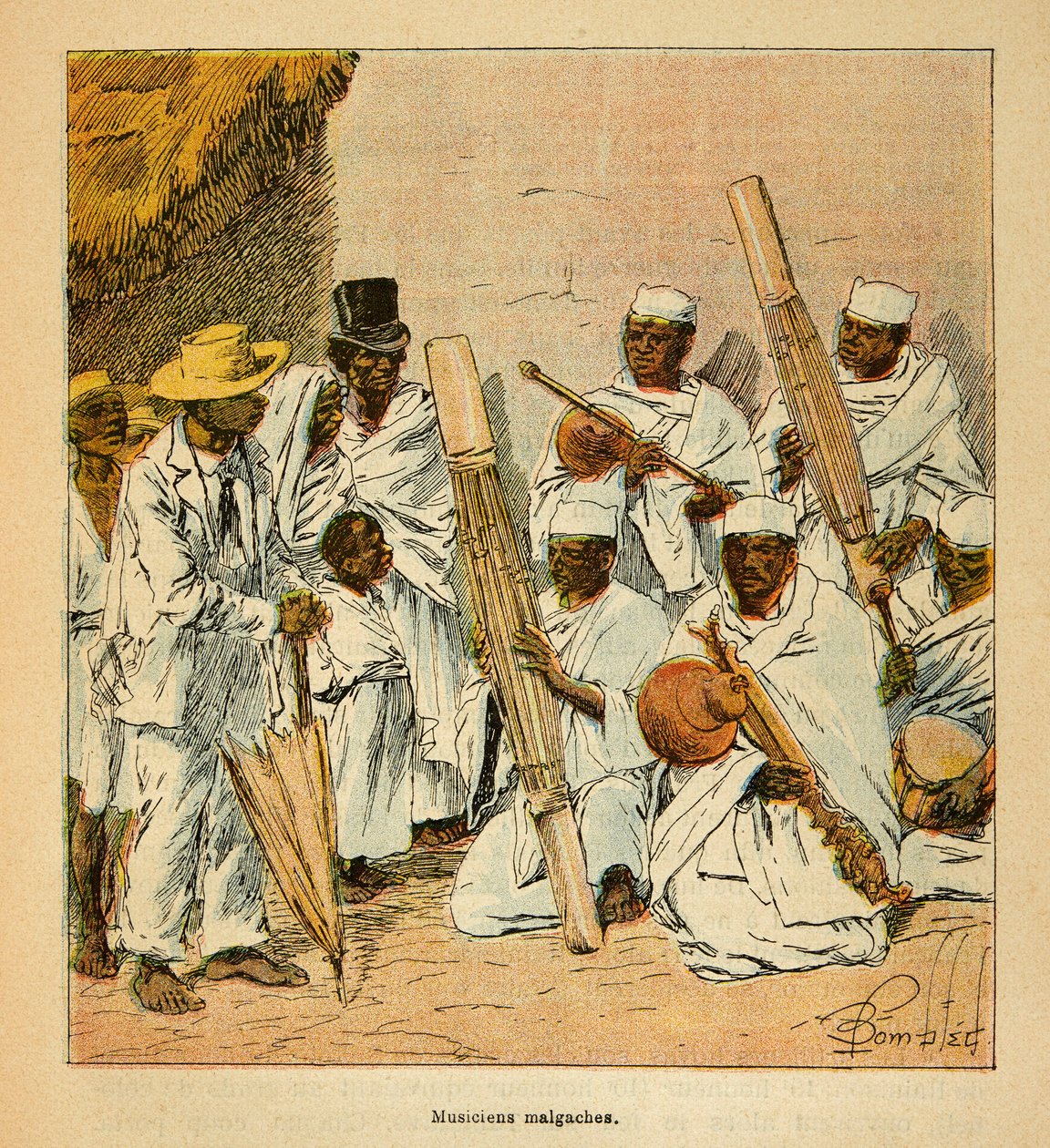 الحرب في مدغشقر - التاريخ القصصي للبعثات الفرنسية 1885-1895 بقلم هنري جالي ديت غالليشيت (1854-1922) ، رسمها لويس بومبلد (1862-1927): الموسيقيون الملغاشيون في القرن التاسع عشر ، مجموعة خاصة بواسطة تفجير لويس تشارلز