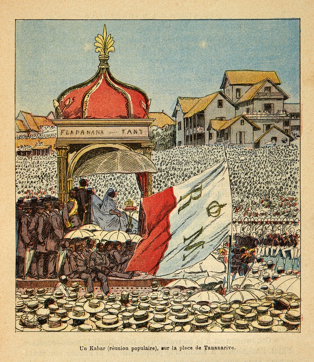 الحرب في مدغشقر - التاريخ القصصي للبعثات الفرنسية 1885-1895 بقلم هنري جالي ديت غالليشيت (1854-1922) ، رسمها لويس بومبلد (1862-1927): كابار (لقاء شعبي) في ميدان تاناناريف في القرن التاسع عشر في حضور Qu بواسطة تفجير لويس تشارلز