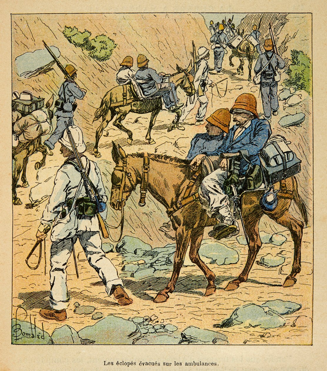 الحرب في مدغشقر - التاريخ القصصي للبعثات الفرنسية 1885-1895 بقلم هنري جالي ديت جاليشيت (1854-1922) ، مصور من قبل لويس بومبلد (1862-1927): مجسمات الذراع تهرب في سيارات الإسعاف في مدغشقر ، مجموعة خاصة بواسطة تفجير لويس تشارلز