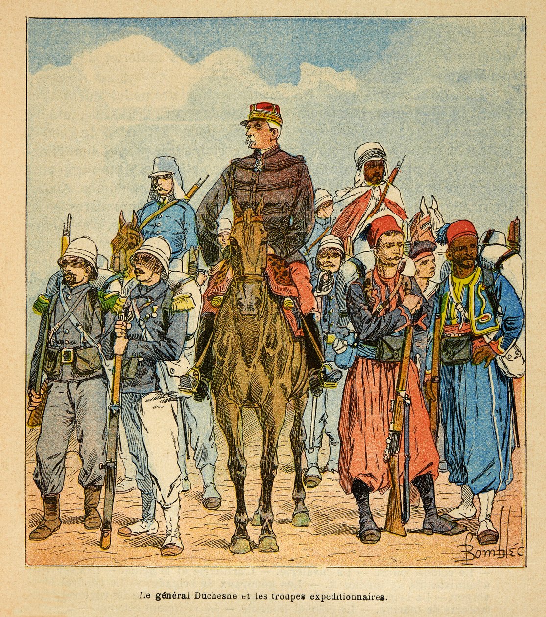الحرب في مدغشقر - التاريخ القصصي للبعثات الفرنسية 1885-1895 بقلم هنري غالي ديت غالليشيت (1854-1922) ، رسمها لويس بومبلد (1862-1927): الجنرال دوتشيسن مع قوات المشاة الاستكشافية لمدغشقر ، مجموعة خاصة بواسطة تفجير لويس تشارلز