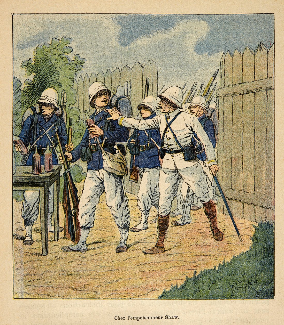 الحرب في مدغشقر - التاريخ القصصي للبعثات الفرنسية 1885-1895 بقلم هنري جالي ديت جاليشيت (1854-1922) ، رسمها لويس بومبلد (1862-1927): القوات الفرنسية في سموم شو في عام 1884 (القس الميثودي الإنجليزي الذي كان لديه ترك مسموما ب بواسطة تفجير لويس تشارلز