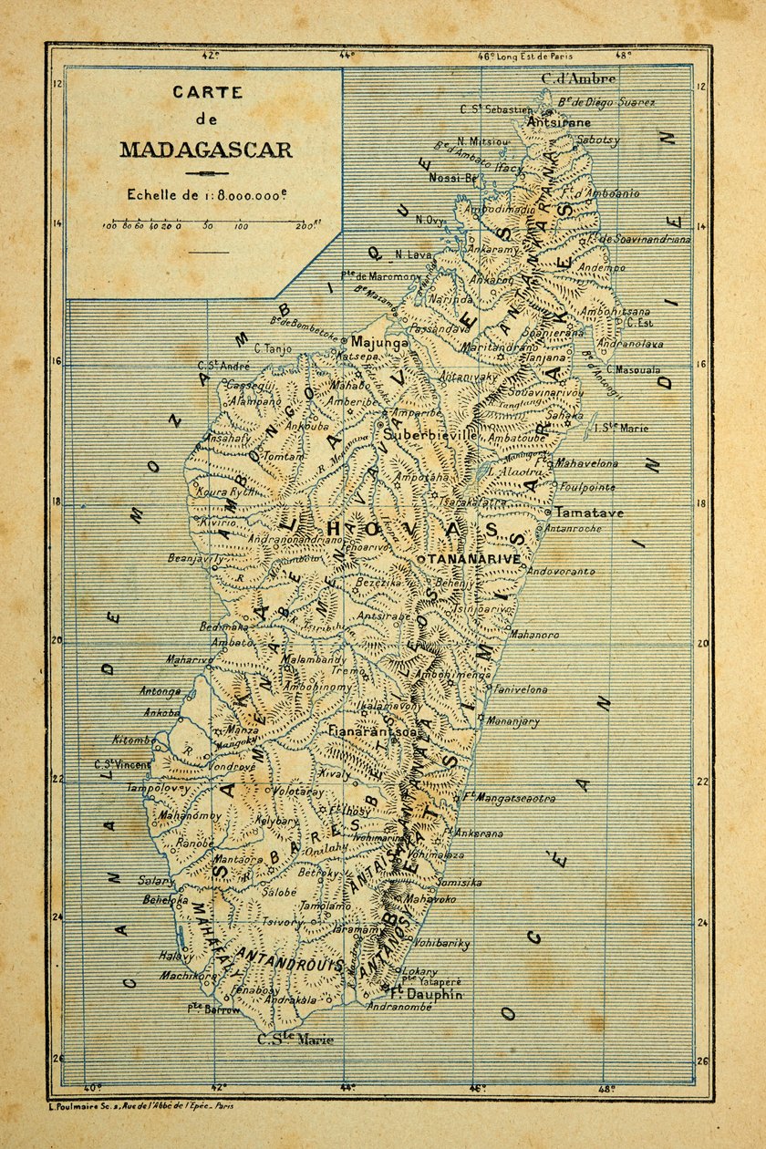 الحرب في مدغشقر - التاريخ القصصي للبعثات الفرنسية 1885-1895 بقلم هنري غالي ديت غاليشيت (1854-1922) ، رسمها لويس بومبلد (1862-1927): خريطة مدغشقر ، مجموعة خاصة بواسطة تفجير لويس تشارلز